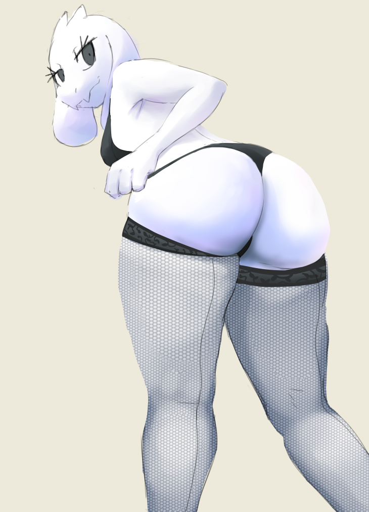 anthro black_eyes butt clothed clothing female fishnet_clothing fur legwear long_ears looking_at_viewer looking_back mature_anthro mature_female simple_background smile solo stockings underwear white_body white_fur punkinillus undertale undertale_(series) toriel boss_monster_(undertale) bovid caprine mammal digital_media_(artwork)