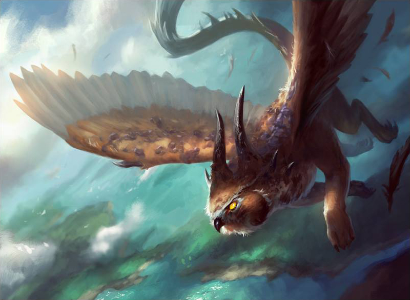 ambiguous_gender claws cloud dutch_angle feathered_wings feathers feral flying high-angle_view long_tail outside quadruped sky solo tail wings daarken hasbro magic:_the_gathering wizards_of_the_coast chimera hybrid scalie official_art