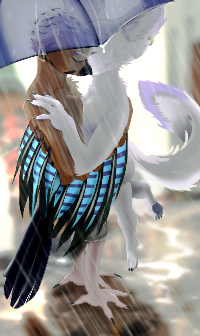 anthro duo ear_piercing female fur hug kissing_cheek lifting_partner male male/female markings no_clothing piercing raining tail tail_markings umbrella white_body white_fur winged_arms wings snds-arts blizzard_entertainment warcraft flakey_the_vulpera jacob_(theansweringanimal) avian bird canid canine corvid eurasian_jay fennec_fox fox humanoid jay_(bird) mammal old_world_jay oscine passerine true_fox vulpera