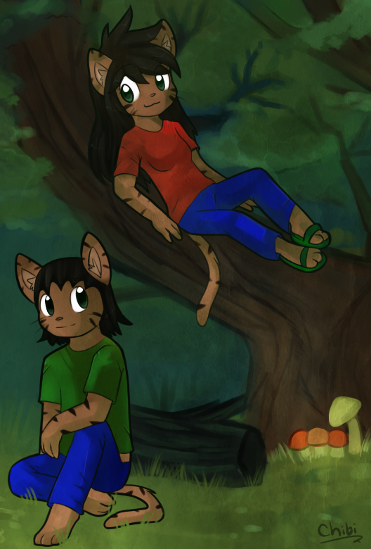 anthro clothing detailed_background duo eye_contact female footwear forest fungus hair looking_at_another male mushroom nature outside plant sandals shoes sitting smile tail tree wood patrickgainher sunnynoga regina_kukklitaat_santkitankni saskatoon_ikunuvik_santkitankni felid mammal pantherine tiger brother_(lore) sibling_(lore) sister_(lore)