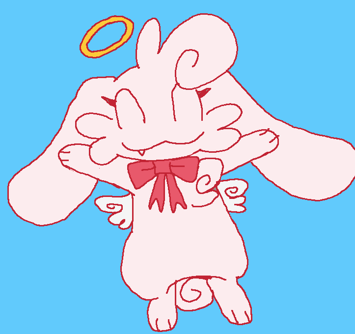 :3 anthro bow_ribbon cute_fangs digitigrade fangs female fur grey_background halo happy pink_body pink_fur pupils ribbon_on_neck simple_background small_pupils solo teeth twelthchristmas lagomorph leporid mammal rabbit aliasing digital_media_(artwork) microsoft_paint_(artwork)