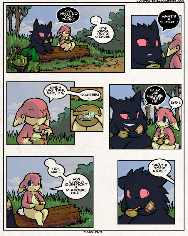 dialogue duo_focus female group male speech_bubble text sulfurbunny_(artist) nintendo pokemon pokemon_mystery_dungeon pokemon_victory_fire spike_chunsoft jen_(vf) audino bulbasaur generation_1_pokemon generation_5_pokemon gengar pokemon_(species) 4:5 comic digital_media_(artwork) english_text microsoft_paint_(artwork)