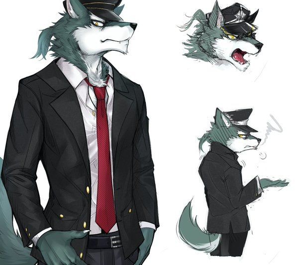 angry anthro black_clothing black_suit cigarette cigarette_in_mouth clothing fur grey_body grey_fur hat headgear headwear korean male necktie object_in_mouth peaked_cap red_necktie smoke smoking smoking_cigarette solo suit yellow_eyes cygni canid canine mammal