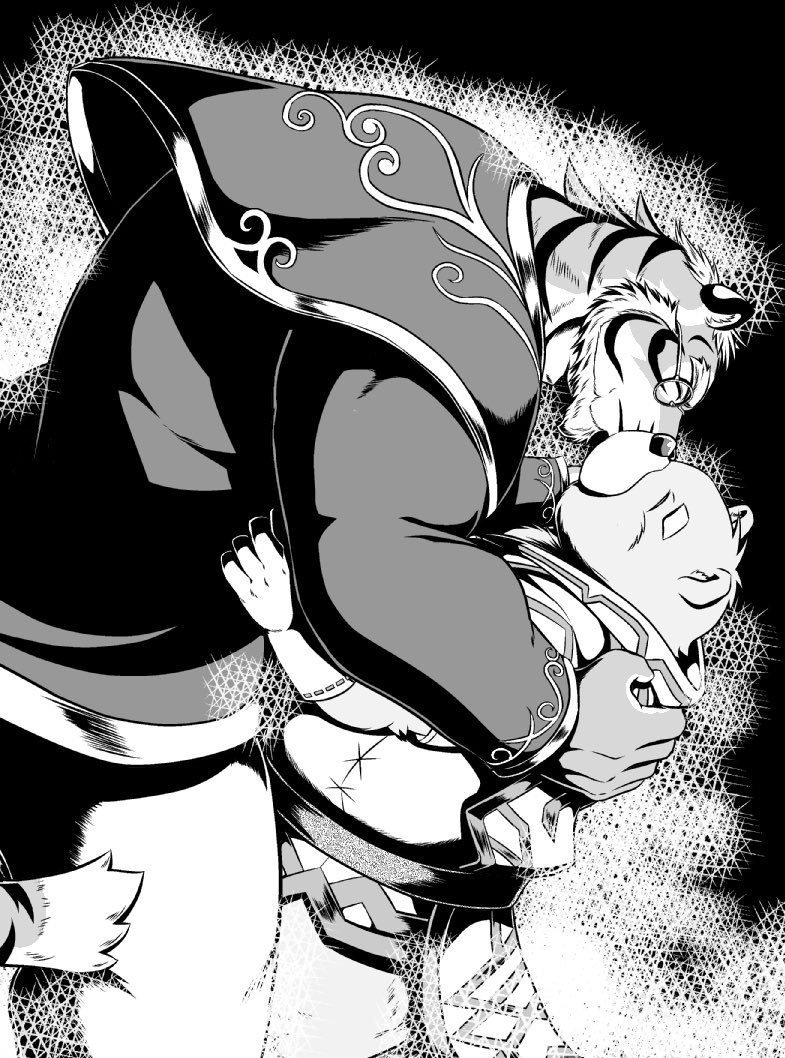 anthro blush duo fur hug kissing male male/male mature_male monk romantic romantic_couple size_difference slightly_chubby striped_body striped_fur stripes mega0923xxx crave_saga gabu_(crave_saga) remaias_(crave_saga) bear felid mammal pantherine tiger monochrome