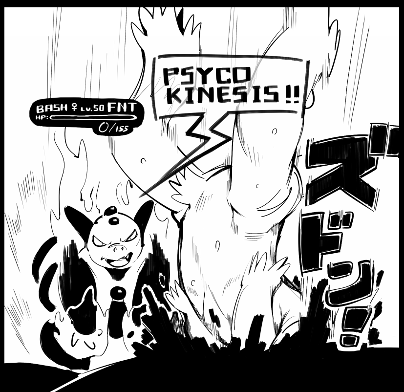 anthro defeated dialogue duo female fight gameplay_mechanics genitals gui health_bar pussy stuck_in_ground text upside_down gyu_hydrogen nintendo pokemon blaziken generation_3_pokemon grumpig mammal pokemon_(species) suina comic english_text japanese_text monochrome