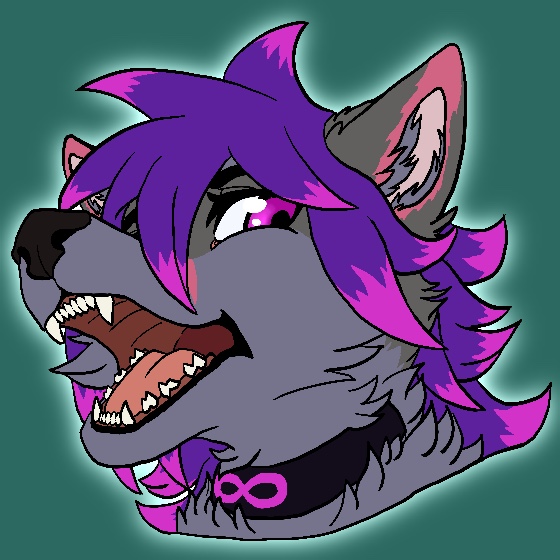 collar fur grey_body grey_fur hair highlights_(coloring) infinity_symbol open_mouth pink_eyes pink_highlights purple_hair solo symbol knightxayvion ashe_infinity canid canine fox mammal 1:1 headshot_portrait portrait