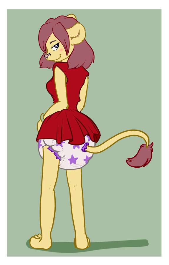 3_toes anthro blush border clean_diaper clothed clothing diaper dress feet female looking_back pattern_diaper short_dress solo tail tail_tuft toes tuft wearing_diaper white_border babystar raziya_(racheltheseeker) felid lion mammal pantherine 2014