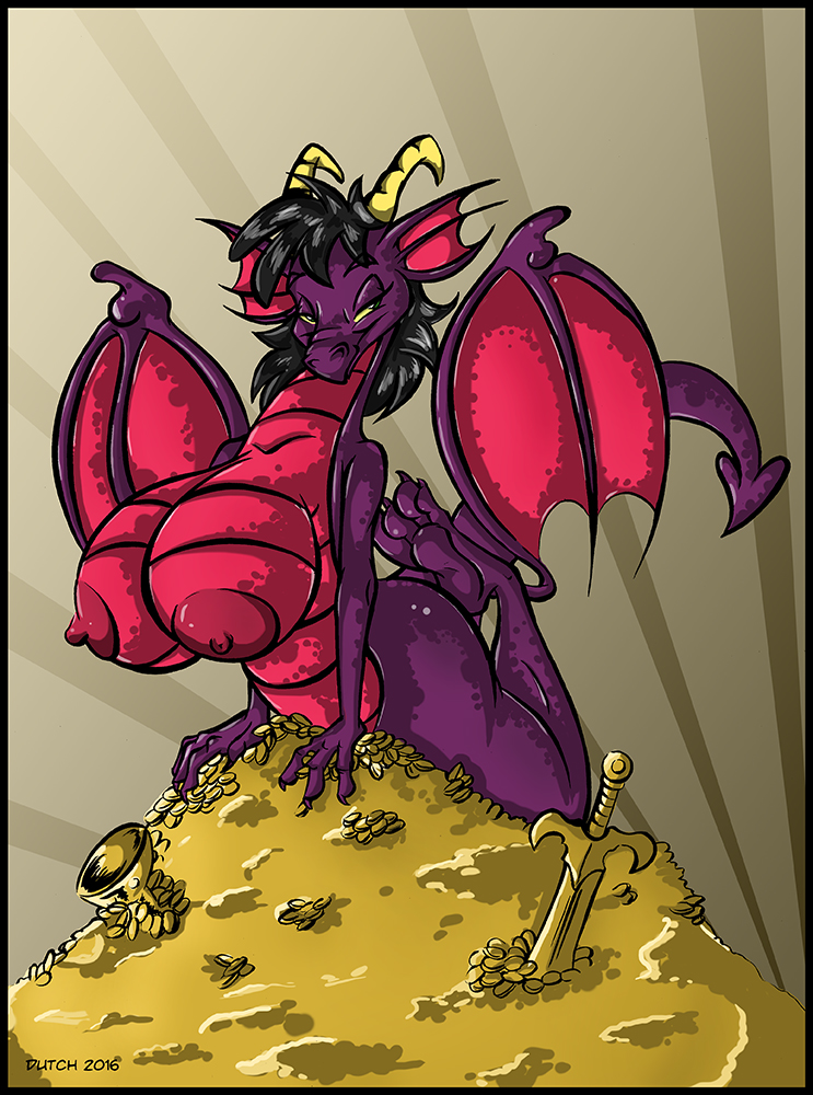 anthro areola big_areola big_breasts black_hair breasts coin container cup female goblet gold_(metal) gold_coin hair horn huge_breasts melee_weapon multicolored_body multicolored_scales nipples non-mammal_breasts nude purple_body purple_scales red_body red_scales scales solo sword two_tone_body two_tone_scales ventral_scales weapon wings dutch_(artist) mythology mazed dragon mythological_creature mythological_scalie scalie 2016 digital_media_(artwork)