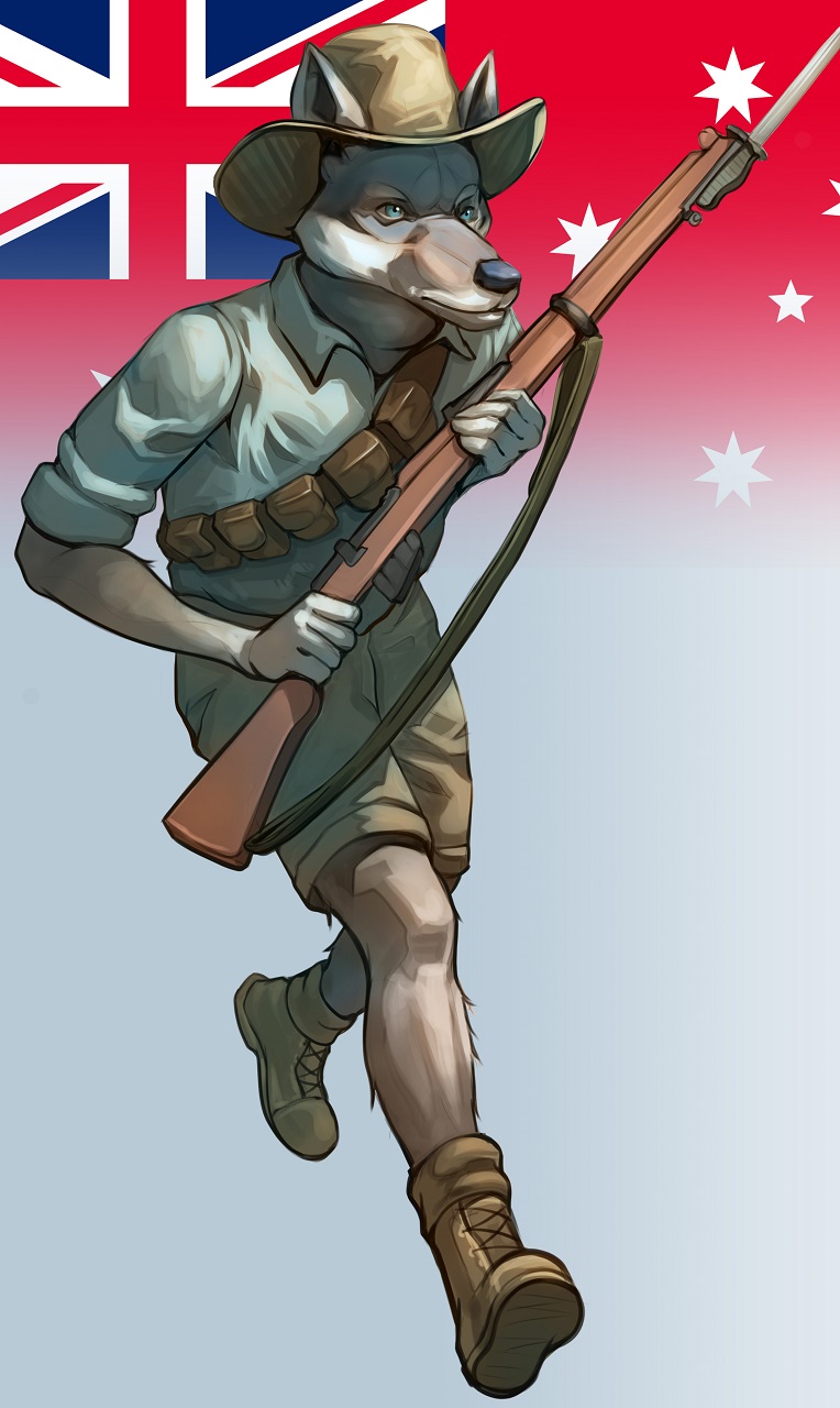 anthro army australia boots bottomwear clothing footwear gun hat headgear headwear historical male military ranged_weapon rifle shoes shorts solo uniform war weapon world_war_1 thepimpartist canid canine canis domestic_dog mammal hi_res