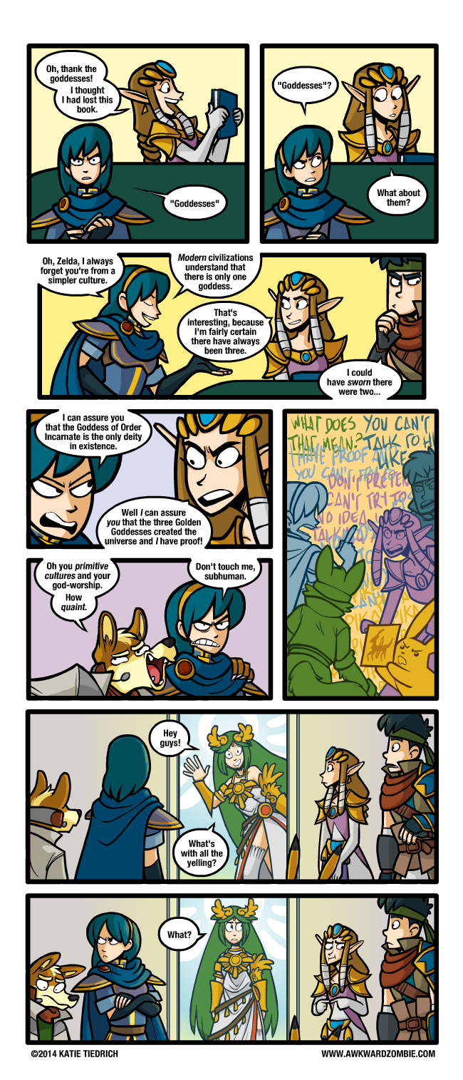 accessory anthro argument blue_hair book brown_hair dialogue female fur green_hair hair headband humanoid_pointy_ears male pointy_ears text yellow_body yellow_fur katie_tiedrich awkwardzombie fire_emblem fire_emblem_mystery_of_the_emblem kid_icarus nintendo pokemon star_fox super_smash_bros. the_legend_of_zelda twilight_princess fox_mccloud ike_(fire_emblem) marth palutena arceus canid canine fox generation_1_pokemon generation_4_pokemon human legendary_pokemon mammal pikachu pokemon_(species) rodent 2014 comic crossover english_text hi_res url