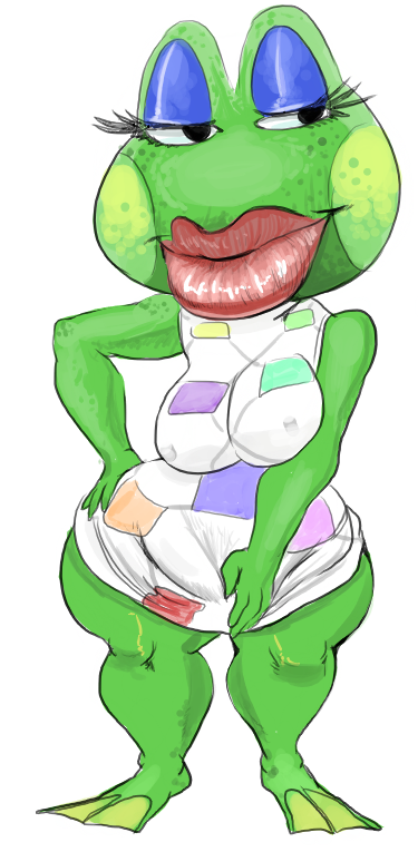 anthro black_eyes bottomless breasts clothed clothing eyelashes eyeshadow feet female lips lipstick looking_away makeup membrane_(anatomy) non-mammal_breasts pose shirt solo standing thick_lips toes topwear webbed_feet wide_hips pdxyz animal_crossing nintendo jambette_(animal_crossing) amphibian frog