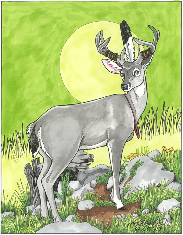 antlers brown_eyes feral fur furgonomics grass grey_body grey_fur horn inner_ear_fluff jewelry looking_at_viewer male necklace outside plant rock solo standing tuft wearing_feathers white_body white_fur terrie_smith deer mammal new_world_deer white-tailed_deer 2025