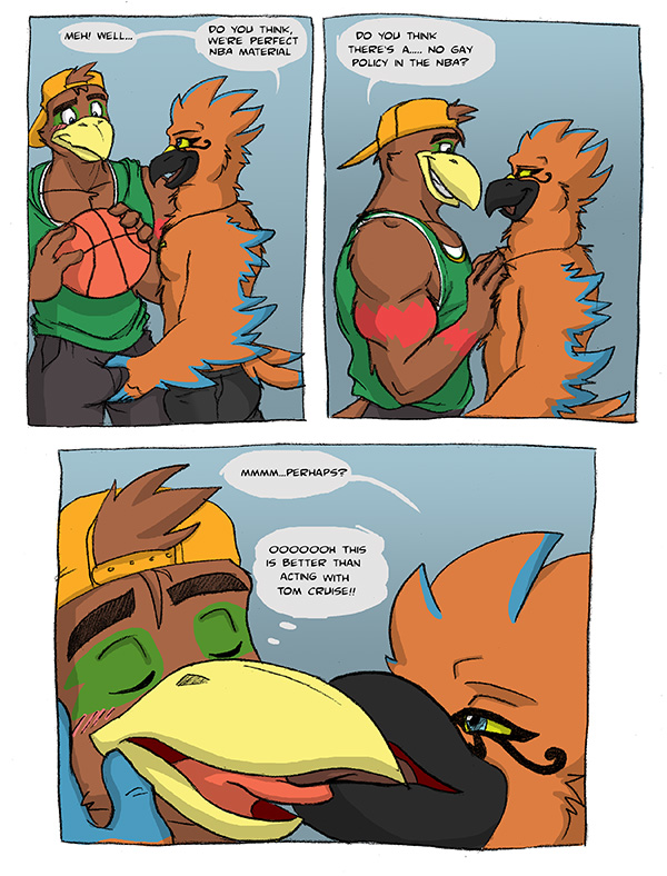 abs anthro basketball beak beak_kiss clothed clothing dialogue duo french_kissing grin kissing male male/male muscular pecs smile text traffic rthur hyperfalcon avian bird falcon falconid 2013 comic english_text