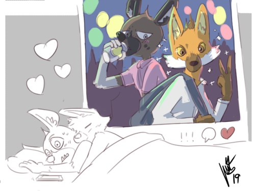 anthro arms_bent bed bent_arm duo electronics fur furniture gesture hand_gesture heart_symbol hug love male male/male on_bed phone photo surprise under_covers v_sign solari-94 aggretsuko instagram sanrio haida_(aggretsuko) ookami_(aggretsuko) canid canine hyena mammal maned_wolf spotted_hyena 2019 4:3 low_res picture_in_picture