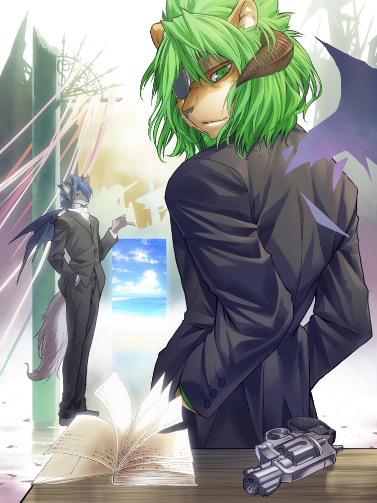 anthro book claws clothed clothing duo eye_patch eyewear floating_wings fur green_hair gun hair horn male membrane_(anatomy) membranous_wings ranged_weapon smile suit tail unusual_anatomy unusual_wings weapon wings koi_(artist) canid canine canis demon hybrid mammal wolf 2011 3:4