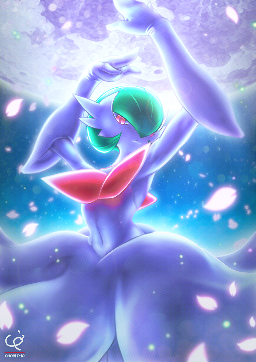 ambiguous_gender clothing dancing dress green_hair hair looking_at_viewer moon night outside petals red_eyes sky solo chobi-pho nintendo pokemon generation_6_pokemon humanoid mammal mega_evolution mega_gardevoir pokemon_(species) hi_res