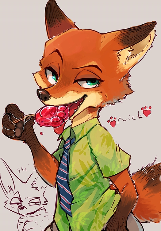 anthro clothed clothing duo food green_eyes holding_food holding_object holding_popsicle looking_at_viewer male pawpsicle popsicle solo_focus tongue tongue_out shiroi disney zootopia finnick_(zootopia) nick_wilde canid canine fennec_fox fox mammal red_fox true_fox