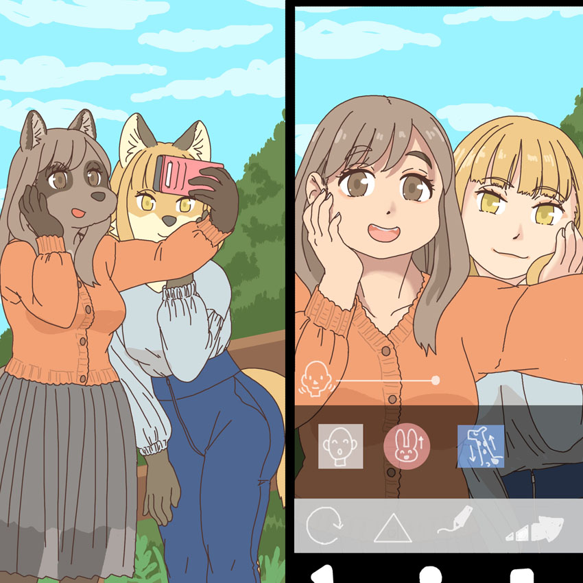 anthro cellphone clothed clothing duo electronics female kemono phone phone_app selfie smartphone ekaki510 canid canine fox mammal raccoon_dog tanuki 1:1