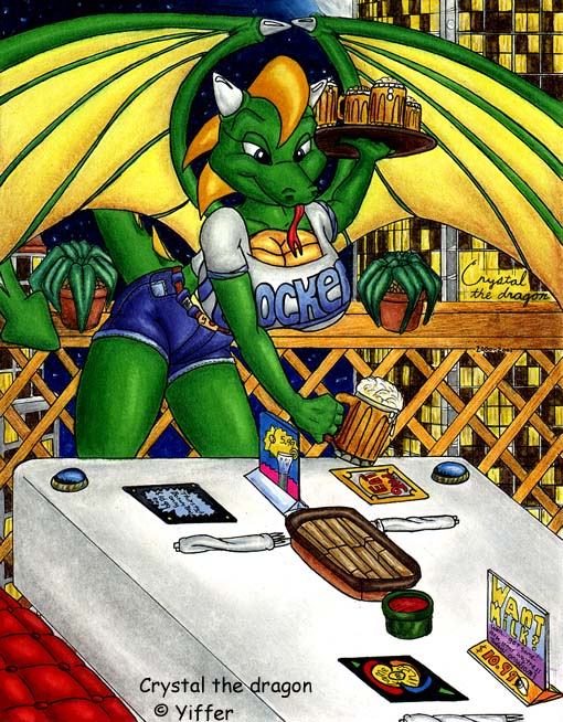 anthro beer_glass blonde_hair breasts cutlery detailed_background female green_body green_scales hair horn jeans_shorts kitchen_utensils knockers_restaurant light membrane_(anatomy) membranous_wings moonlight night non-mammal_breasts plant pronounced_browridge restaurant scales solo tail text tongue tongue_out tools tray wings badgerben mythology crystal_(badgerben) dragon mythological_creature mythological_scalie scalie english_text