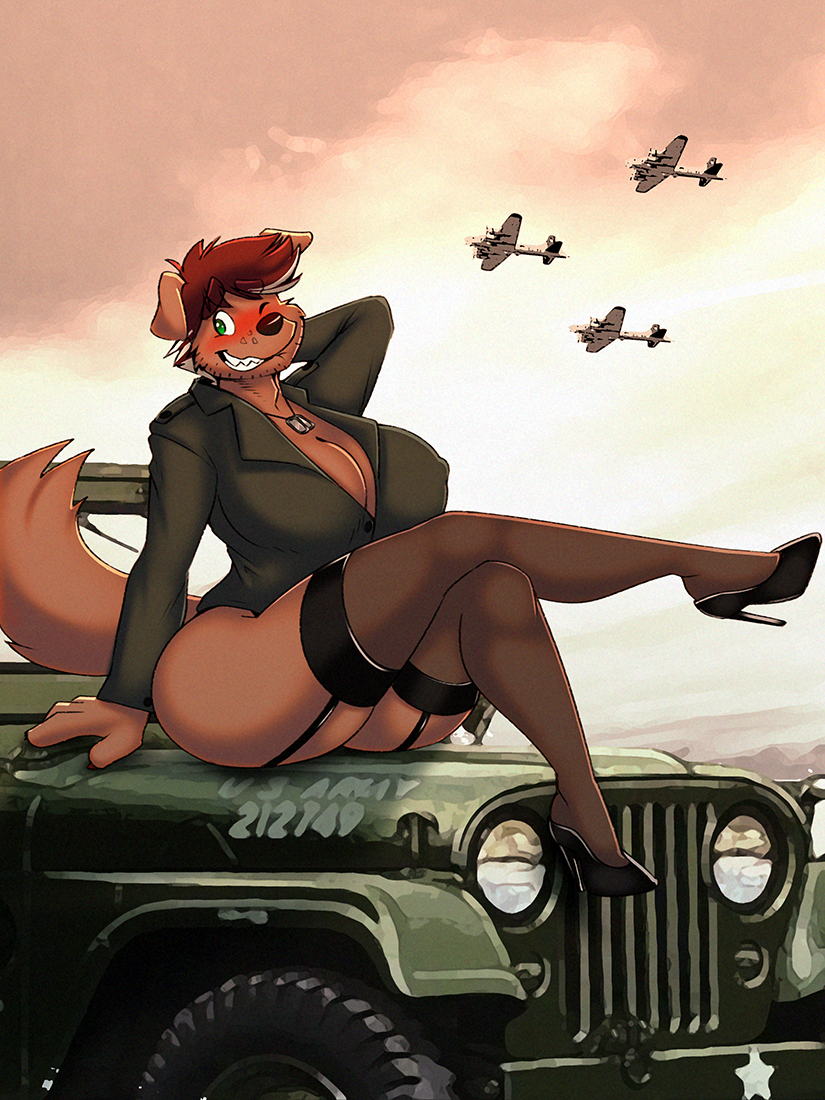 aircraft airplane anthro army big_breasts big_butt bite biting_lip biting_own_lip black_clothing black_footwear black_high_heels black_nose blush breasts brown_body brown_fur brown_hair butt cleavage clothed clothing crossed_legs crossgender dog_tags female footwear fur garter_straps green_clothing green_eyes green_topwear hair hand_behind_head high_heels legwear motor_vehicle mtf_crossgender nipple_outline one_eye_closed pumps self_bite shoes sitting sitting_on_car sitting_on_vehicle smile solo stockings thick_thighs thigh_highs topwear vehicle dracojeff jeep canid canine canis domestic_dog mammal 2022 3:4
