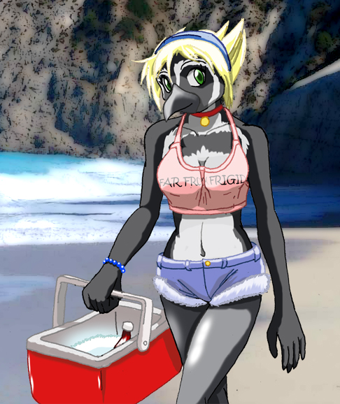 accessory anthro beak black_body black_feathers blonde_hair bottomwear breasts cleavage clothed clothing feathers female green_eyes hair hair_accessory hairband ice_cooler midriff navel non-mammal_breasts short_hair shorts solo water white_body white_feathers scythemouse meredith_(scythemouse) avian bird galápagos_penguin penguin