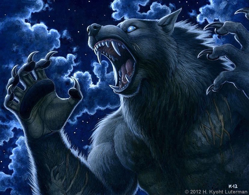 abs black_pawpads blue_eyes claw_marks claws fur glistening glistening_eyes grey_body grey_fur male night open_mouth outside pawpads roaring scar sharp_teeth solo teeth hkluterman kyoht_luterman mythology canid canine canis mammal mythological_canine mythological_creature werecanid werecanine werecreature werewolf wolf 2012