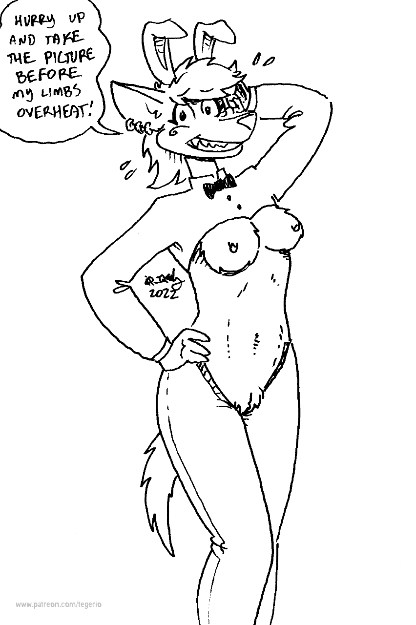 anthro bodily_fluids breasts clothing costume dialogue ear_piercing ear_ring fake_ears fake_rabbit_ears female fur genitals hair navel nipples piercing pussy reverse_bunny_costume ring_piercing smile solo sweat text tegerio liz_(tegerio) canid canine canis dingo mammal 2022 black_and_white english_text hi_res monochrome