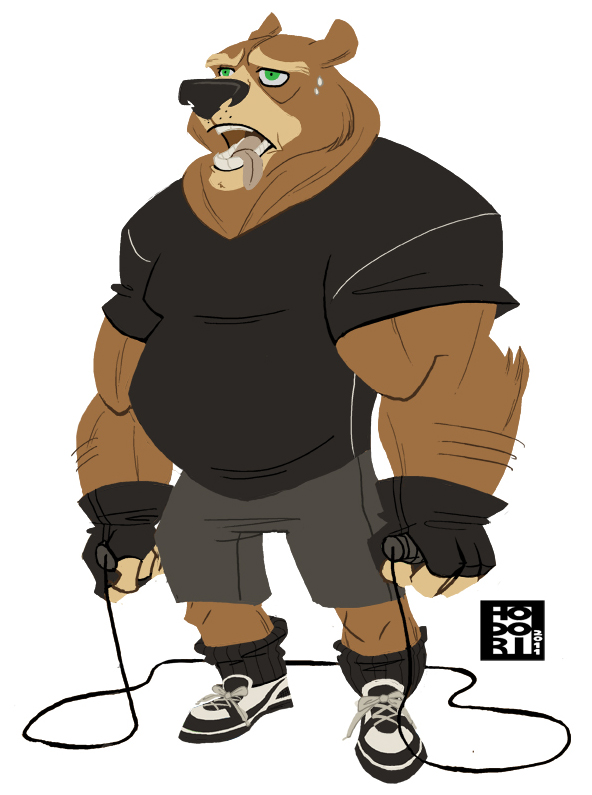 5_fingers anthro biped black_nose bodily_fluids bottomwear brown_body brown_fur clothed clothing fingerless_gloves fingers footwear fully_clothed fur gloves green_eyes handwear holding_object jump_rope legwear male muscular muscular_anthro muscular_male open_mouth shirt shoes shorts simple_background sneakers socks solo standing sweat t-shirt teeth tongue tongue_out toony topwear white_background hodori bear mammal 2011