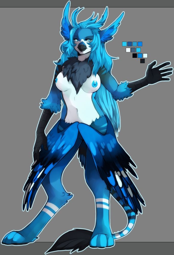 anthro beak blue_eyes blue_hair breasts butt_wings feathered_wings feathers female hair nipples non-mammal_breasts non-mammal_nipples solo unusual_wing_placement wings ookami-kun alivia avian bird bloophyn model_sheet