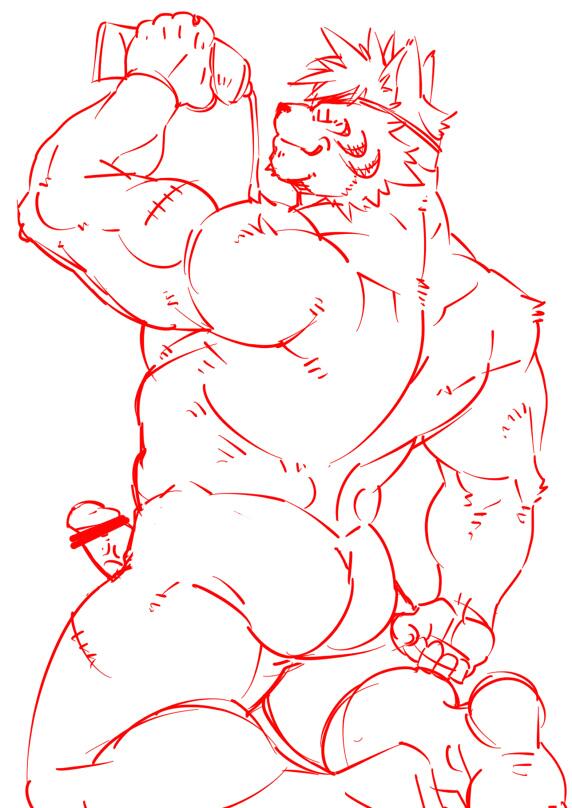 anthro biceps big_muscles biped butt erection eye_patch eyewear fur genitals hair kneeling male muscular muscular_anthro muscular_male nude pecs penis pose presenting scar solo vein dandoo drakuun dard felid mammal pantherine tiger censored sketch