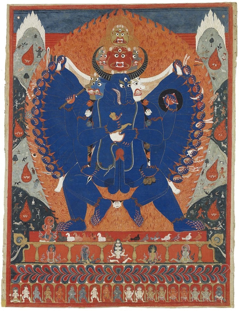 big_penis blue_body erection genitals group horn humanoid_genitalia humanoid_penis imminent_sex large_group male multi_arm multi_head multi_leg multi_limb penis religion unknown_artist asian_mythology buddhist_mythology mythology yamantaka bovid deity demon mammal 18th_century ancient_art formal_art