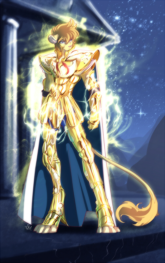 anthro armor biped brown_hair cape cloth_(saint_seiya) clothing front_view glowing hair looking_aside male night outside short_hair sky solo standing star starry_sky tail tail_tuft tuft peritian saint_seiya toei_animation aiolia_(saint_seiya) felid lion mammal pantherine 2010 colored