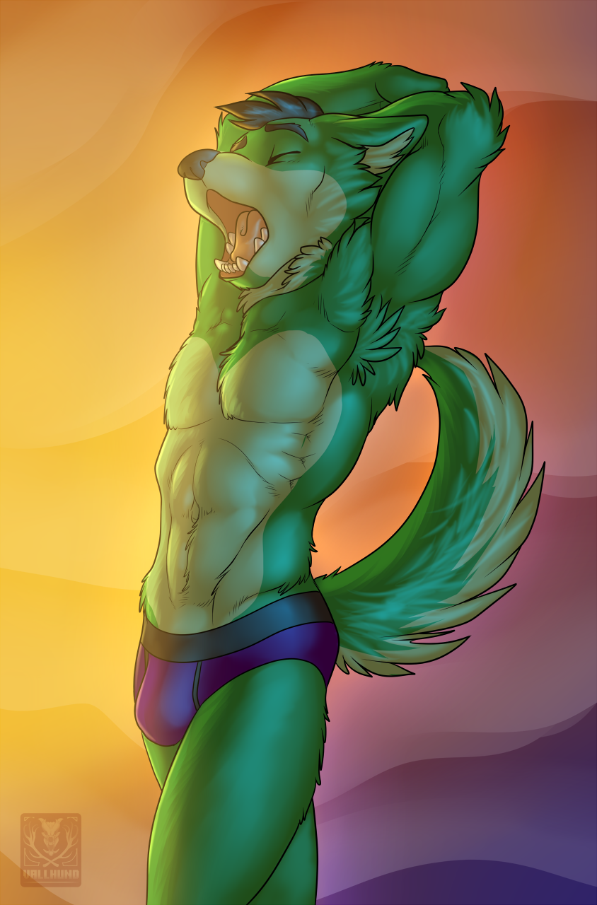 abs anthro athletic biceps biped black_hair black_nose briefs bulge clothed clothing eyes_closed fangs fur green_body green_fur hair hands_behind_head male muscular muscular_anthro open_mouth pecs pose simple_background solo standing stretching tail teeth tongue topless underwear yawn vallhound zavryn canid canine canis domestic_dog mammal 2014 digital_media_(artwork) hi_res portrait three-quarter_portrait