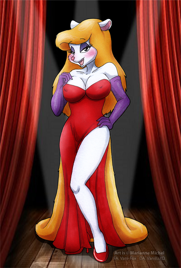 anthro big_breasts blonde_hair blush breasts cleavage clothed clothing cosplay evening_gown female fur gown hair looking_at_viewer nipple_outline open_mouth solo white_body white_fur vani-fox animaniacs disney warner_brothers who_framed_roger_rabbit jessica_rabbit minerva_mink mammal mink mustelid musteline true_musteline compression_artifacts crossover