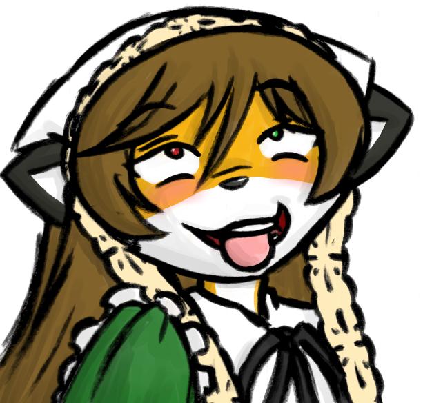 ahegao anthro female green_eyes heterochromia looking_pleasured parody red_eyes simple_background solo white_background taski rozen_maiden furseiseki_(character) canid canine fox mammal bust_portrait portrait