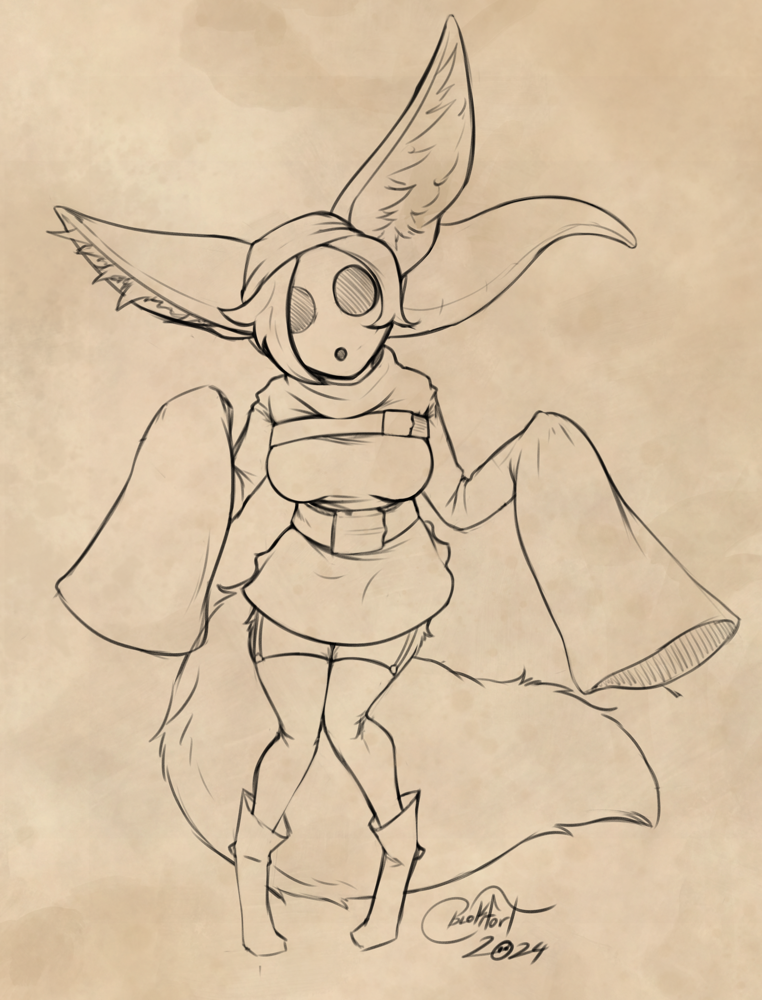 anthro belt big_ears big_tail boots clothing dress female footwear garter_straps hair hood legwear long_sleeves looking_at_viewer mask shirt shoes simple_background solo standing stockings tail topwear tunic blokfort mario_bros nintendo kalta_(blokfort) canid canine fennec_fox fox mammal shyguy true_fox 2024 monochrome sketch