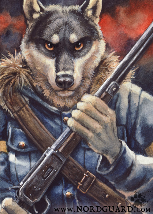 5_fingers ambiguous_gender anthro clothed clothing fingers gun lever_action london looking_at_viewer male orange_sclera pointer ranged_weapon rifle solo weapon blotch nordguard canid canine canis domestic_dog mammal 2012