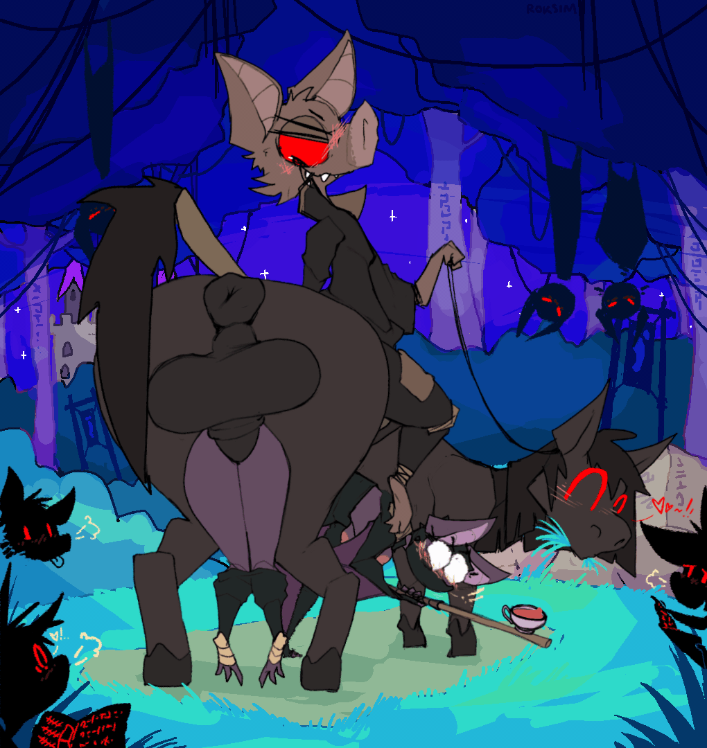 anthro balancing balancing_object balancing_on_one_hand balls bedroom_eyes being_watched big_balls big_ear blep blush breasts castle clothed clothing container cup dialogue doggystyle duo eyes_closed feet female feral foot_wraps footwear from_behind_position genitals hanging_by_feet heart_symbol hooves huge_balls looking_at_another male male/female narrowed_eyes night ninja outside outside_sex pants_around_knees partially_clothed penetration plant public public_sex rear_view red_eyes reins rock seductive sex tail tea_cup text tongue tongue_out training tree vaginal vaginal_penetration warrior wide_hips wraps roksim kamora_(argent) bat equid equine horse mammal animated japanese_text