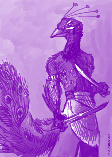 anthro beak bottomwear bracelet clothed clothing feathers holding_melee_weapon holding_object holding_sword holding_weapon jewelry knife looking_at_viewer male melee_weapon peacock_feather skirt solo sword weapon amara_telgemeier avian bird galliform indian_peafowl peafowl phasianid monochrome