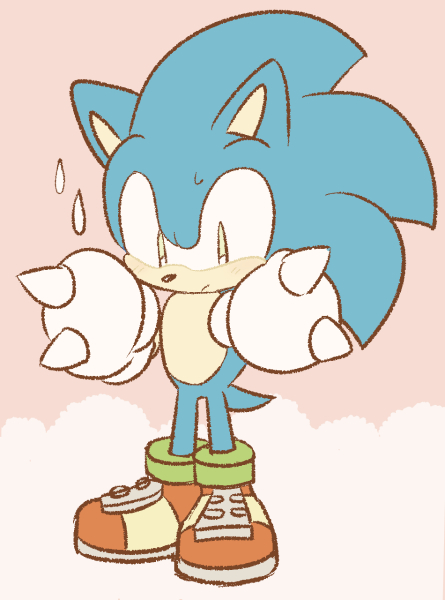 alternate_costume anthro biped blue_body blue_fur bodily_fluids clothing clothing_swap footwear fur gloves green_eyes handwear male pink_background shoes simple_background solo standing sweat sweatdrop sikai sega sonic_the_hedgehog_(series) sonic_the_hedgehog eulipotyphlan hedgehog mammal