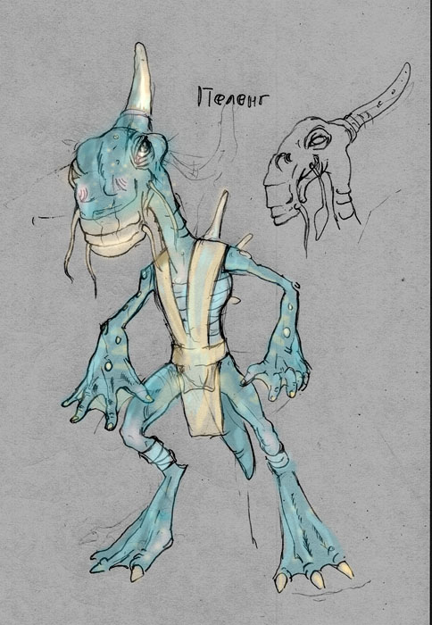 ambiguous_gender barbel_(anatomy) clothed clothing green_body horn membrane_(anatomy) solo text whiskers alexander_yazinin 1c_company elemental_games katauri_interactive space_rangers alien amphibian peleng concept_art official_art russian_text translated