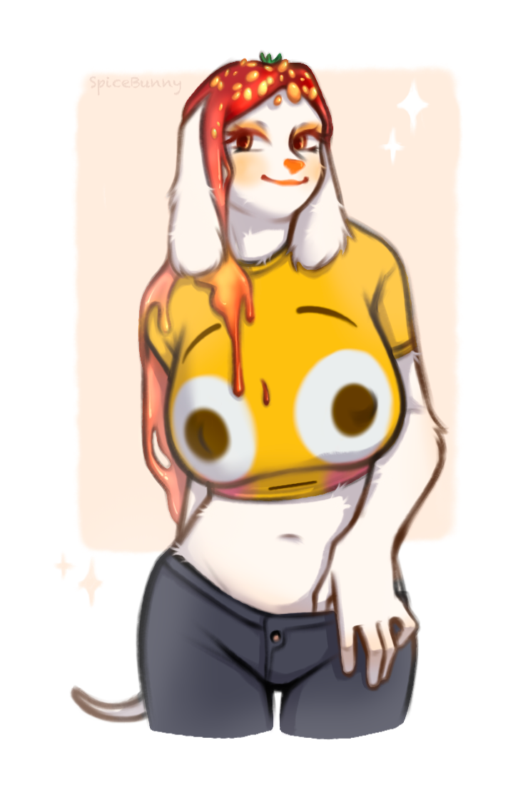 anthro big_breasts breasts female fried_egg nipple_outline solo text spicebunny bulging_smiley_shirt_meme artist_name character_name digital_drawing_(artwork) digital_media_(artwork) meme