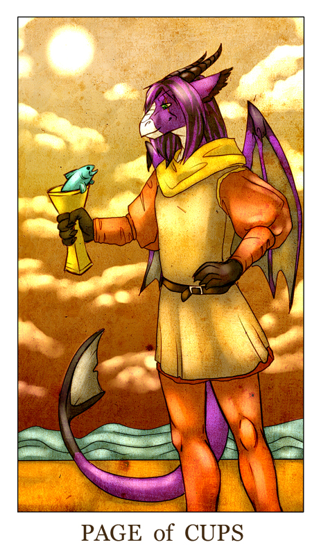 anthro blue_eyes card card_template clothed clothing cloud container cup cups_(tarot) fortune_telling hair horn male membrane_(anatomy) membranous_wings minor_arcana outside page_(servant) page_of_cups_(tarot) purple_body purple_hair purple_scales scales sky solo sun tail tarot tarot_card text water white_body white_scales wings feralise mythology darktoast dragon fish marine mythological_creature mythological_scalie scalie english_text