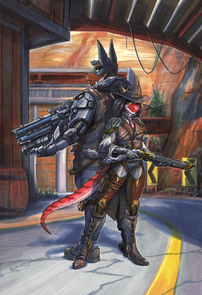 anthro biped black_body black_fur black_hair brown_body brown_fur clothing cowboy_hat detailed_background duo female fur gun hair hat headgear headwear horn ranged_weapon red_body red_scales scales tail tan_body tan_scales weapon yellow_sclera ewgengster blizzard_entertainment european_mythology mythology overwatch adena_(ewgengster) ashe_(overwatch) bob_(overwatch) hart_raspel canid canine canis dobermann domestic_dog dragon mammal mythological_creature mythological_scalie pinscher scalie western_dragon wingless_dragon 2023 traditional_media_(artwork)