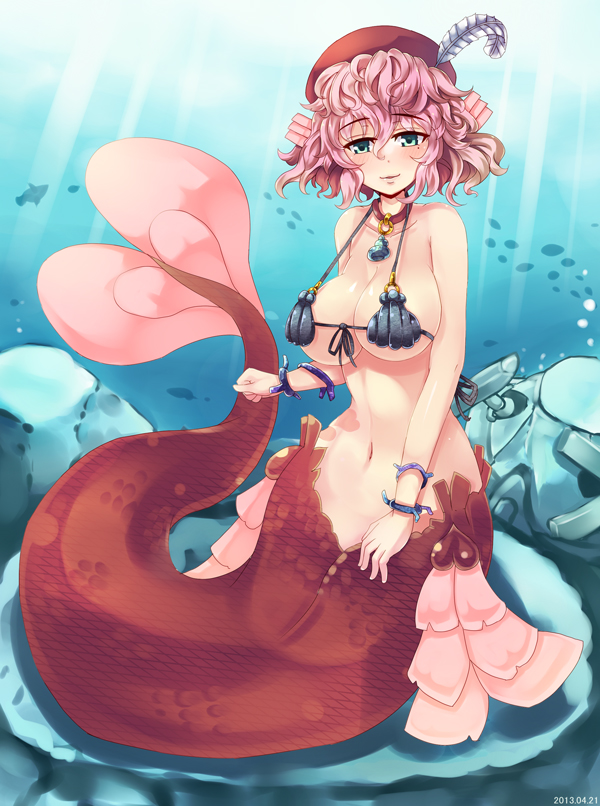 5_fingers bare_shoulders big_breasts bikini blush breasts cleavage clothed clothing eyebrows eyelashes female fingers fish_tail front-tie_bikini front-tie_clothing front-tie_swimwear green_eyes hair hat headgear headwear jewelry looking_at_viewer markings mole_(marking) monster_girl_(genre) navel necklace pink_hair seashell_bikini solo split_form swimwear two-piece_swimsuit underwater water tinpam monster_girl_encyclopedia mythology nintendo pokemon animal_humanoid fish fish_humanoid generation_3_pokemon humanoid marine marine_humanoid merfolk metagross pokemon_(species) crossover full-length_portrait portrait