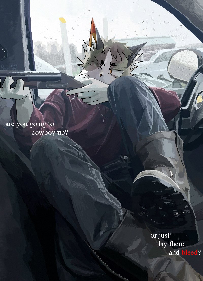 aiming_gun anthro biped brown_body brown_fur car car_interior countershade_fur countershading fur gun holding_gun holding_object holding_ranged_weapon holding_weapon looking_away male ranged_weapon red_eyes slim_anthro slim_male solo text vehicle weapon white_body white_countershading white_fur winter 4underscorepont domestic_cat felid feline felis mammal 2024 english_text