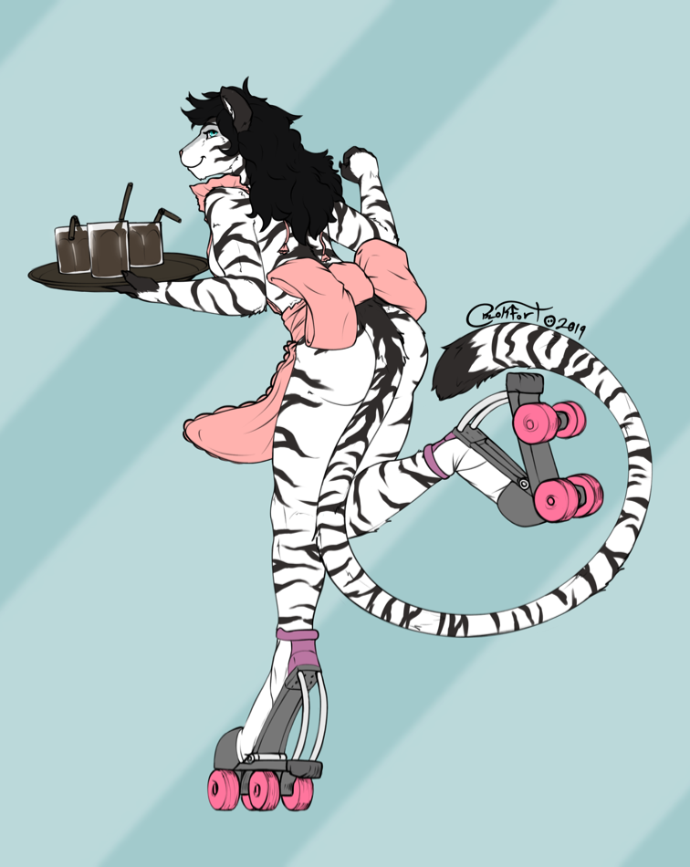 anthro apron apron_only beverage black_hair blue_eyes breasts butt carhop clothing female fingers fur furgonomics hair looking_at_viewer mostly_nude nude presenting quad_skates roller_skates side_boob simple_background smile solo striped_body striped_fur stripes waiter blokfort jasmine_miller felid mammal pantherine tiger 2019 signature