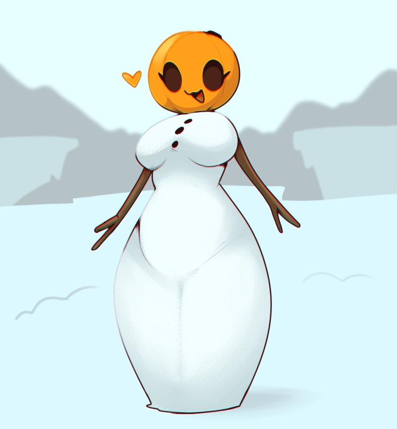 anthro big_breasts breasts curvy_figure eyelashes female food for_a_head fruit fused_legs heart_symbol looking_at_viewer open_mouth outside plant pumpkin pumpkin_head smile snow snowman solo standing stick_arms thick_thighs white_body corromon microsoft minecraft mojang xbox_game_studios elemental_creature golem_(minecraft) humanoid object_head snow_golem_(minecraft)