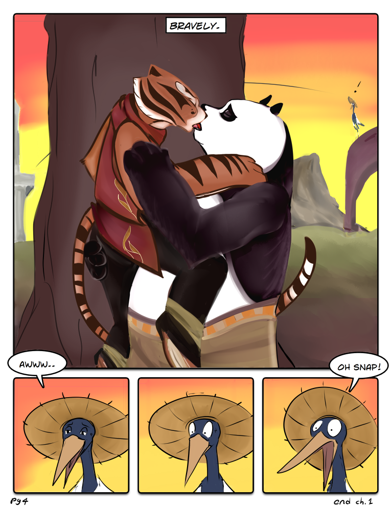 anthro bamboo_hat butt butt_grab clothing dialogue exclamation_point female hand_on_butt hat headgear headwear kissing male outside slightly_chubby tail text koh dreamworks kung_fu_panda master_crane master_po_ping master_tigress avian bear bird black-necked_crane crane_(bird) felid giant_panda gruiform grus_(genus) mammal pantherine tiger comic english_text