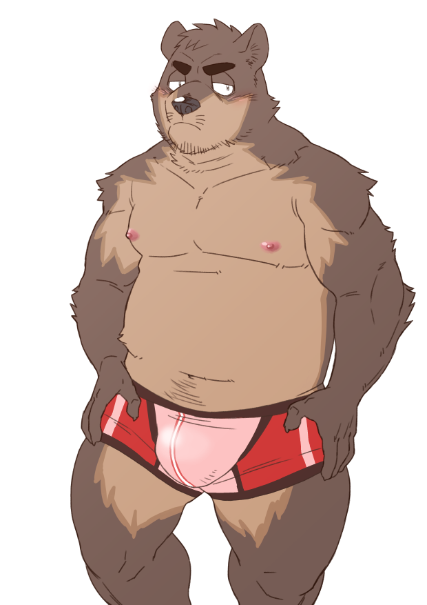 anthro belly blush boxer_briefs brown_body brown_fur bulge clothed clothing fur hands_on_hips kemono male moobs navel nipples overweight overweight_anthro overweight_male simple_background solo underwear underwear_only white_background ryuta-h bear mammal 2017